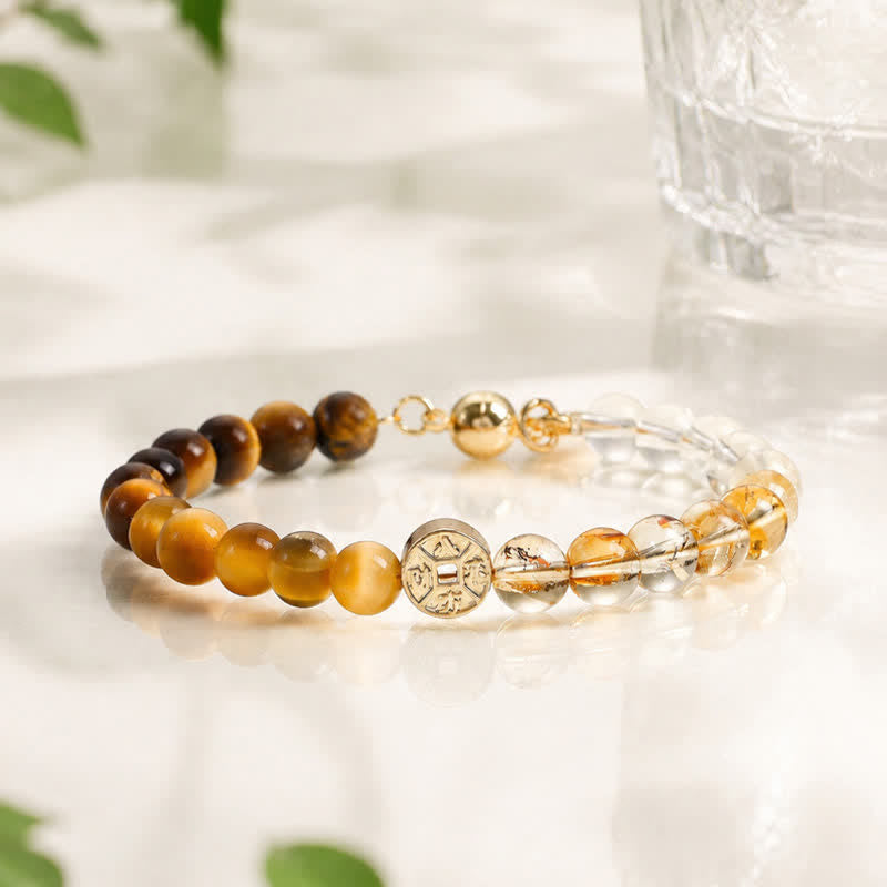 Buddha Stones タイガーアイ天然石 福の文字銅貨幸せブレスレット - image 1