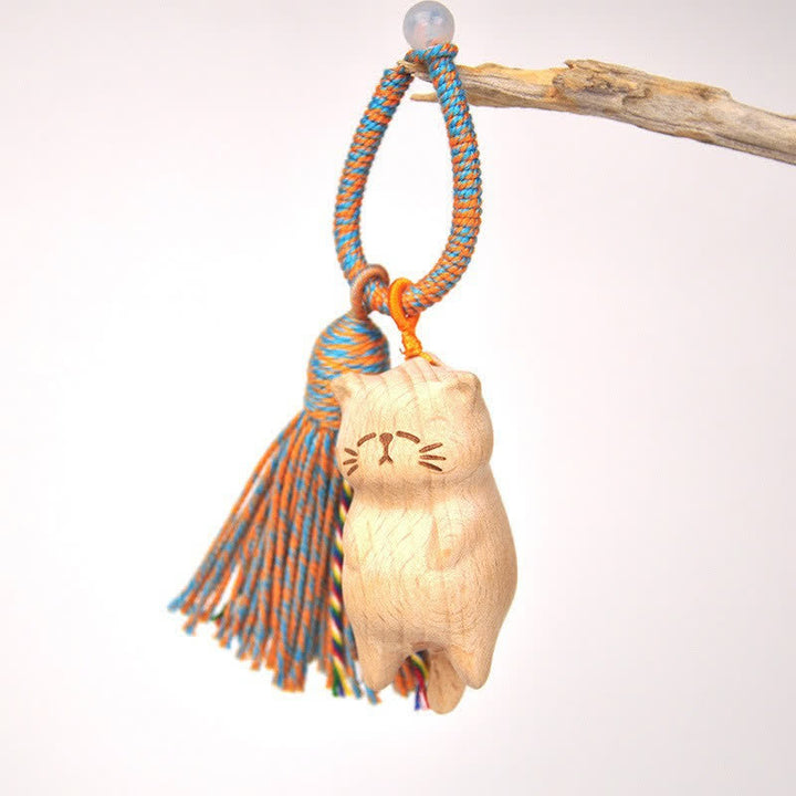 Buddha Stones 手彫りのライトウッド製招き猫タッセル付きグラウンディングキーホルダー - ブルーレイジーキャット - image 25
