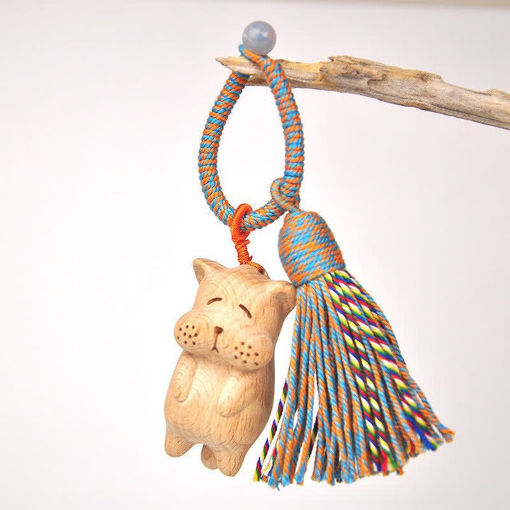 Buddha Stones 手彫りのライトウッド製招き猫タッセル付きグラウンディングキーホルダー - ブルー・ドッグ - image 23