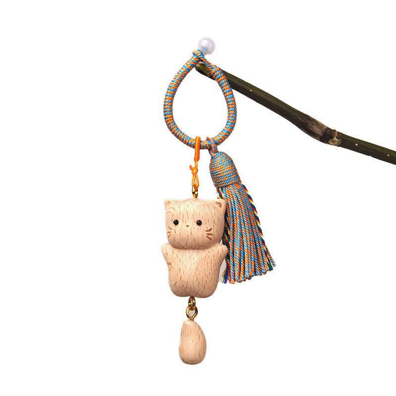 Buddha Stones 手彫りのライトウッド製招き猫タッセル付きグラウンディングキーホルダー - 青い涙滴猫 - image 18
