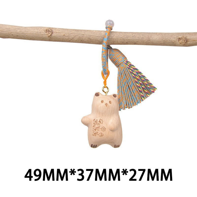 Buddha Stones 手彫りのライトウッド製招き猫タッセル付きグラウンディングキーホルダー - 左向きの青いテディベア - image 31