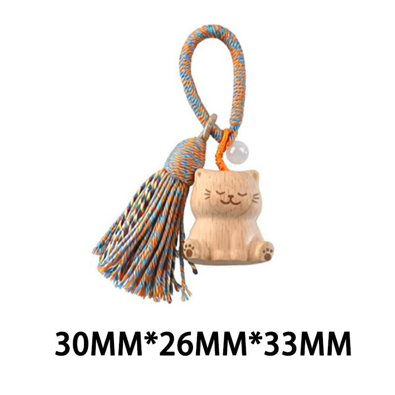 Buddha Stones 手彫りのライトウッド製招き猫タッセル付きグラウンディングキーホルダー - 青い座り猫 - image 39