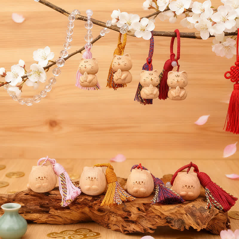 Buddha Stones 手彫りのライトウッド製招き猫タッセル付きグラウンディングキーホルダー - image 42