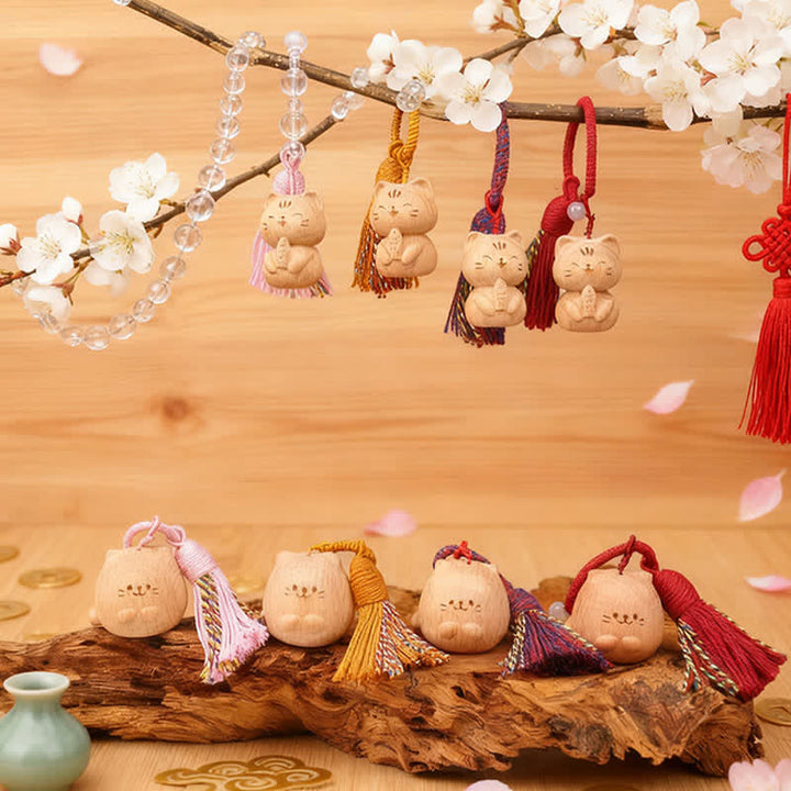 Buddha Stones 手彫りのライトウッド製招き猫タッセル付きグラウンディングキーホルダー - image 42