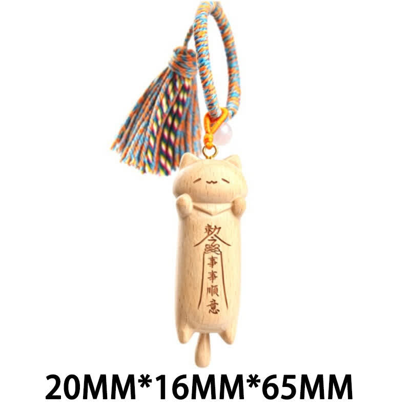 Buddha Stones 手彫りのライトウッド製招き猫タッセル付きグラウンディングキーホルダー - ブルーロングキャット - image 26