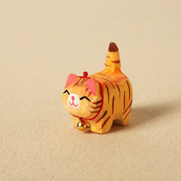 Buddha Stones 手彫りの天然木製ピースキャットキーホルダー かわいい動物の装飾 - ピンクオレンジ - image 3