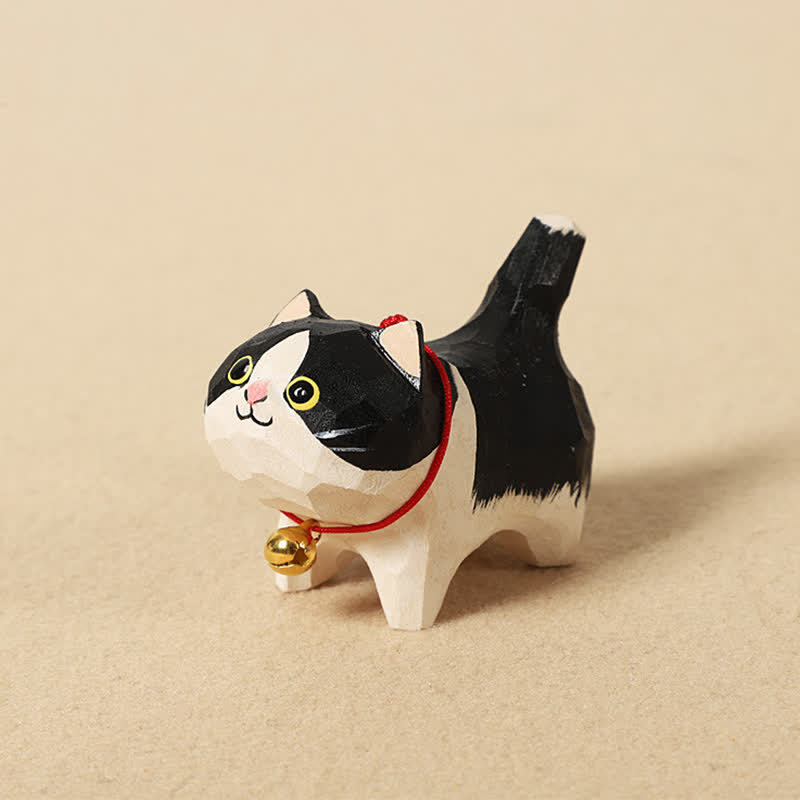Buddha Stones 手彫りの天然木製ピースキャットキーホルダー かわいい動物の装飾 - 白黒 - image 2