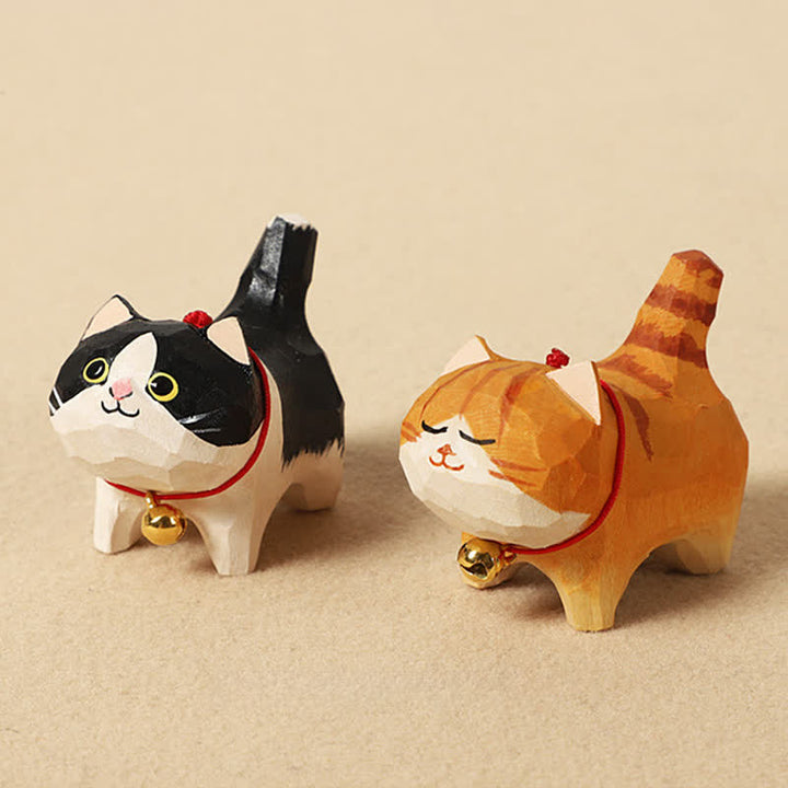 Buddha Stones 手彫りの天然木製ピースキャットキーホルダー かわいい動物の装飾 - image 0
