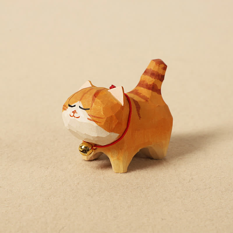 Buddha Stones 手彫りの天然木製ピースキャットキーホルダー かわいい動物の装飾 - オレンジ - image 1