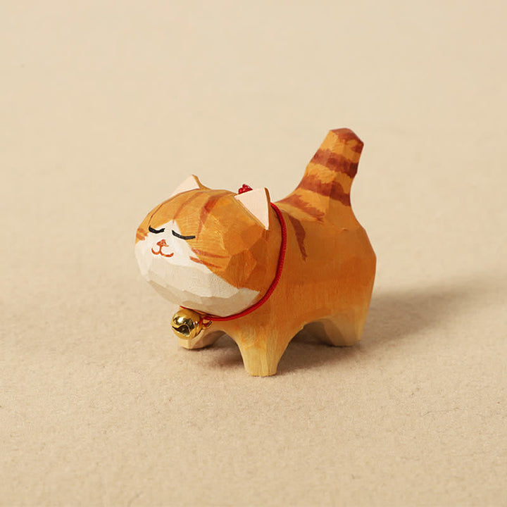 Buddha Stones 手彫りの天然木製ピースキャットキーホルダー かわいい動物の装飾 - オレンジ - image 1