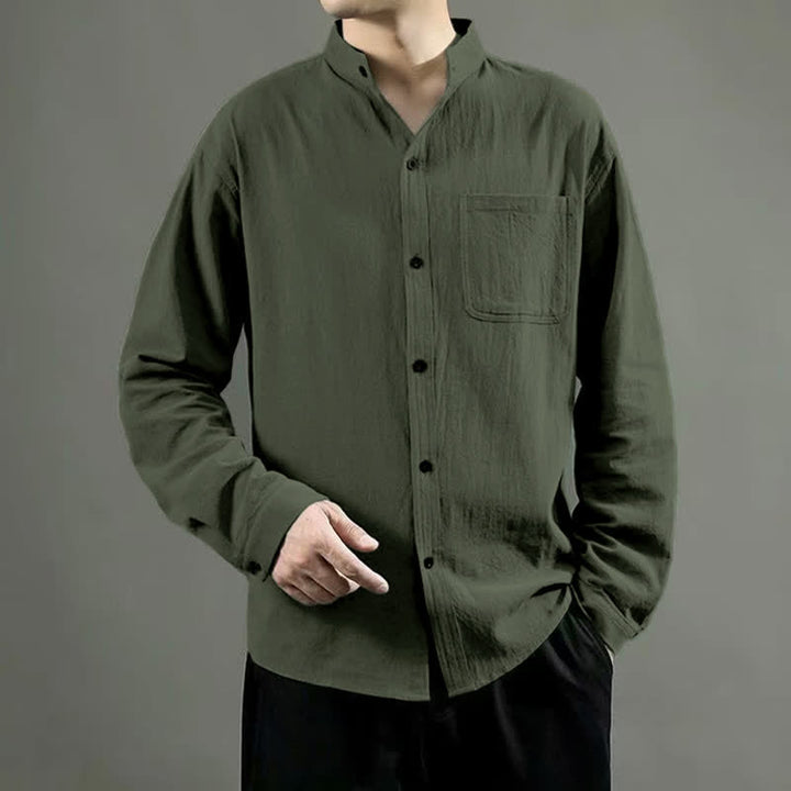 Buddha Stonesメンズ長袖シャツ（ポケット付き、スタンドカラー、快適シャツ） - オリーブドラブ - US/UK/AU46、 EU56 (5XL) - image 0