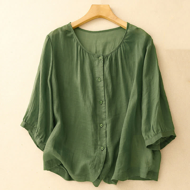 Buddha Stonesプレーンボタン クルーネックデザイン レディース ブレンド 七分袖シャツ - 緑 - US12、 UK/AU16、 EU44 (2XL) - image 22