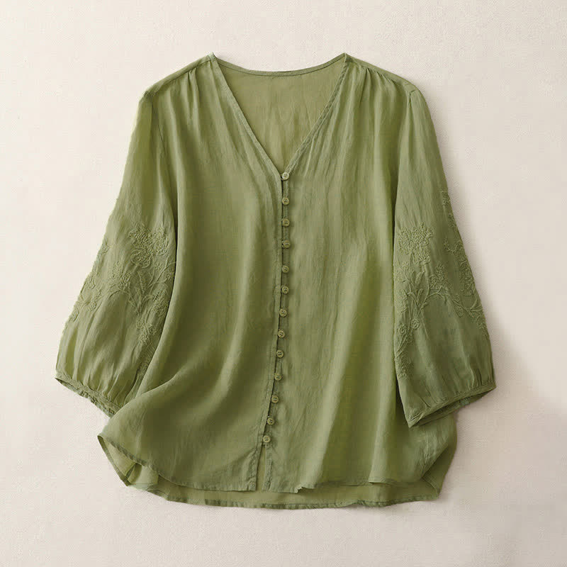 Buddha Stones刺繍入りボタンダウンレディースシャツ - 黄緑 - US8-10，UK/AU12-14，EU40-42 (2XL) - image 0