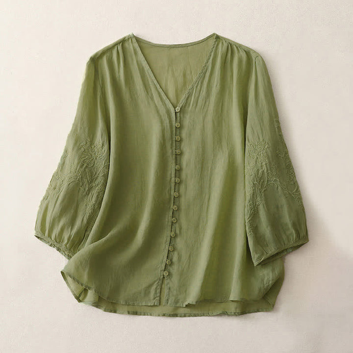 Buddha Stones刺繍入りボタンダウンレディースシャツ - 黄緑 - US8-10，UK/AU12-14，EU40-42 (2XL) - image 0