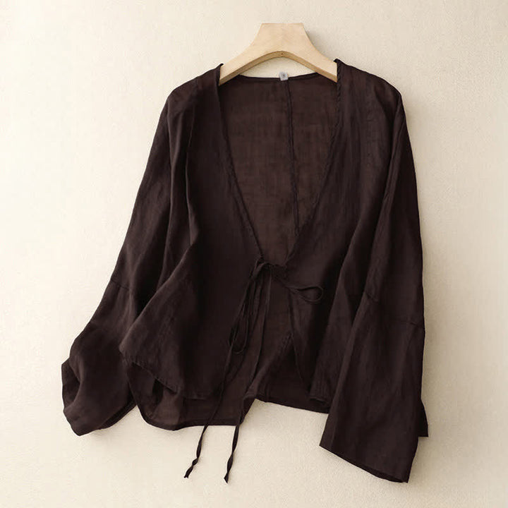 Buddha Stonesサマープレーン長袖レースアップオープンフロントレディース着物 - サドルブラウン - US12、 UK/AU16、 EU44 (XL) - image 12