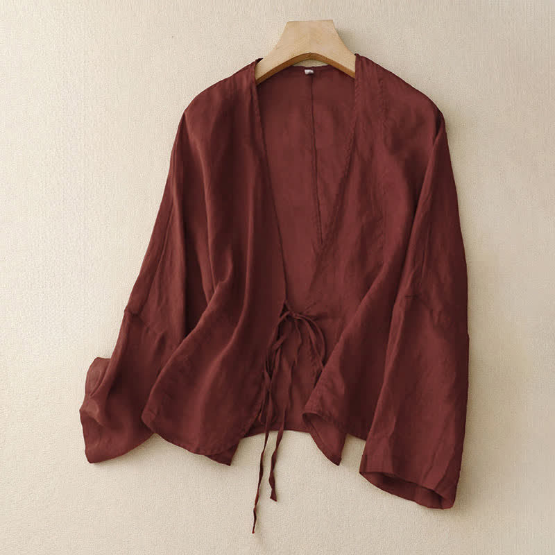 Buddha Stonesサマープレーン長袖レースアップオープンフロントレディース着物 - ダークレッド - US12、 UK/AU16、 EU44 (XL) - image 0