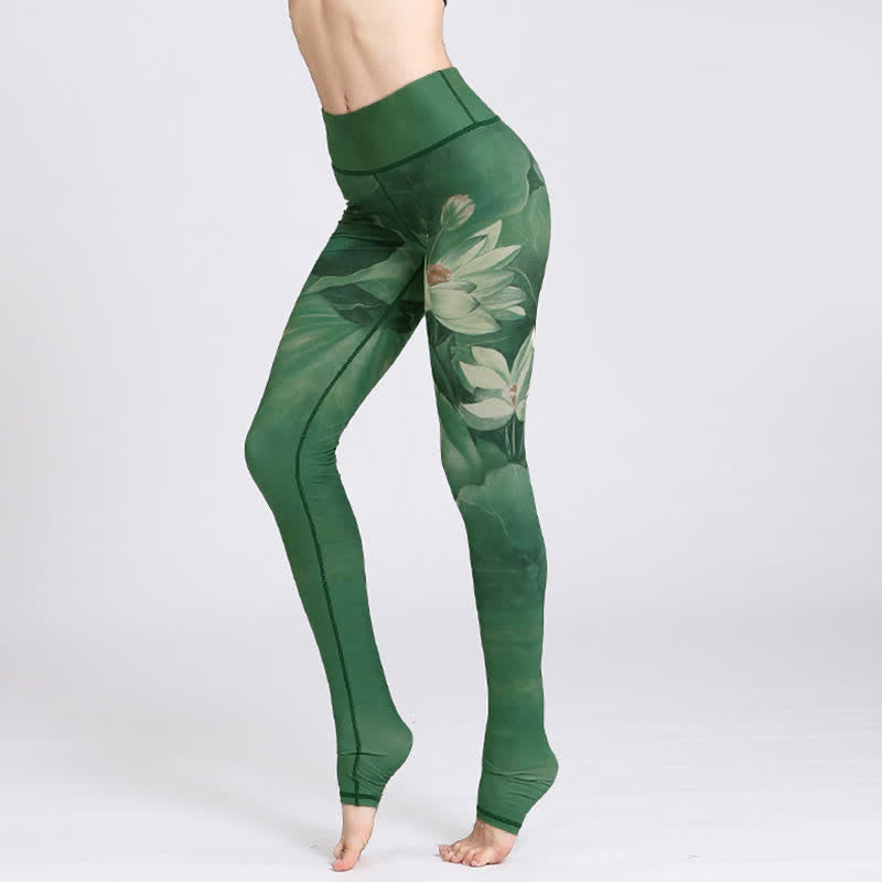 Buddha Stones蓮の花 プリントデザイン パンツ スポーツ フィットネス ヨガ レギンス レディース ヨガパンツ - グリーンロータス - US8-10、 UK/AU12-14、 EU40-42 (XL) - image 0