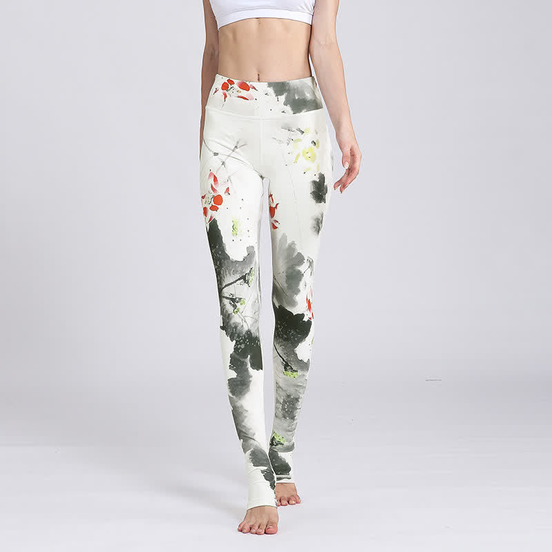 Buddha Stones蓮の花 プリントデザイン パンツ スポーツ フィットネス ヨガ レギンス レディース ヨガパンツ - 白墨蓮 - US8-10、 UK/AU12-14、 EU40-42 (XL) - image 26