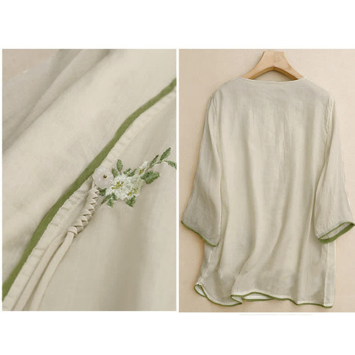Buddha Stonesベージュ花柄グリーンリーフ刺繍クルーネック七分袖レディースシャツ - image 1