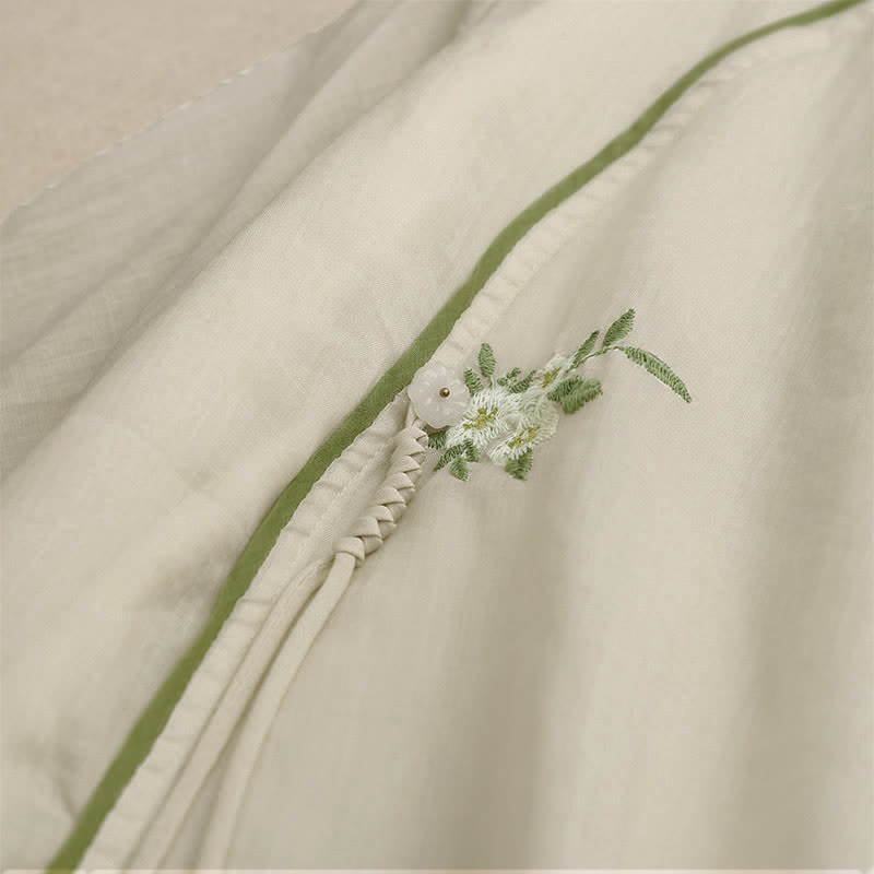 Buddha Stonesベージュ花柄グリーンリーフ刺繍クルーネック七分袖レディースシャツ - image 4