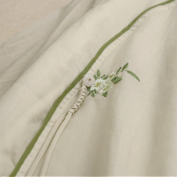Buddha Stonesベージュ花柄グリーンリーフ刺繍クルーネック七分袖レディースシャツ - image 4