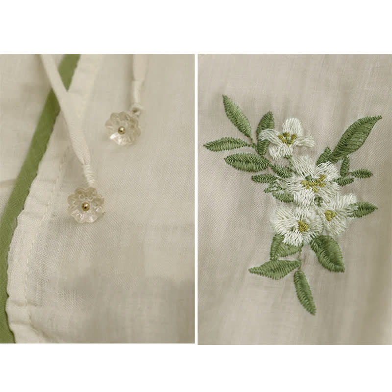 Buddha Stonesベージュ花柄グリーンリーフ刺繍クルーネック七分袖レディースシャツ - image 10