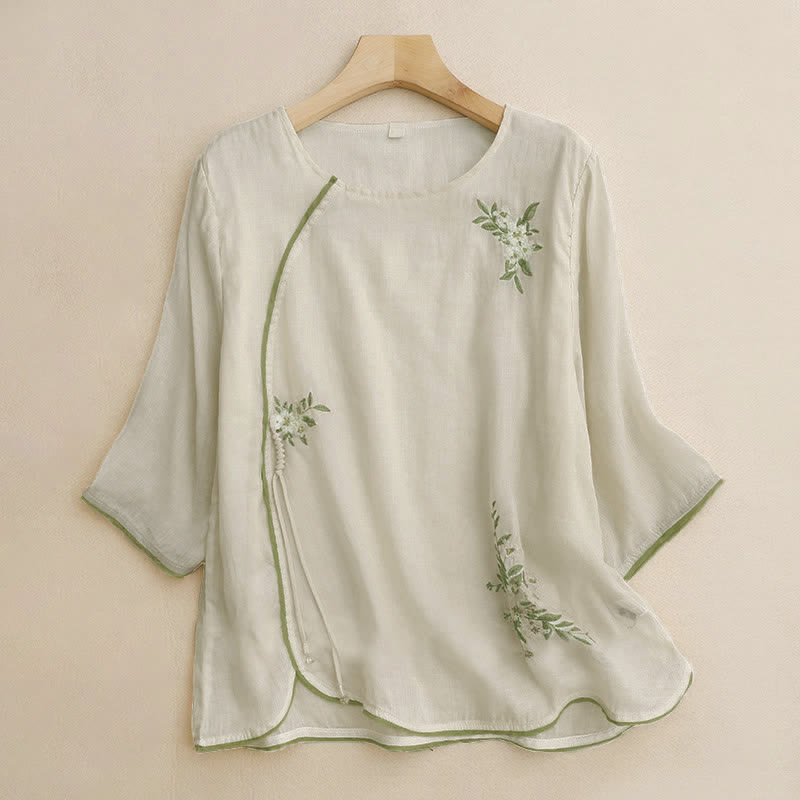 Buddha Stonesベージュ花柄グリーンリーフ刺繍クルーネック七分袖レディースシャツ - ベージュ - US12、 UK/AU16、 EU44 (2XL) - image 0
