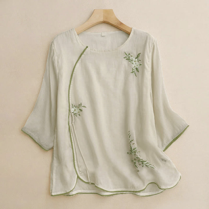 Buddha Stonesベージュ花柄グリーンリーフ刺繍クルーネック七分袖レディースシャツ - ベージュ - US12、 UK/AU16、 EU44 (2XL) - image 0