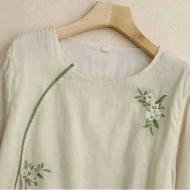Buddha Stonesベージュ花柄グリーンリーフ刺繍クルーネック七分袖レディースシャツ - image 2