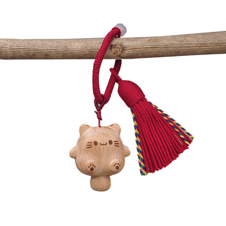 Buddha Stones 手彫りの天然木製招き猫タッセルバランスキーホルダー - ブルゴーニュ - image 6