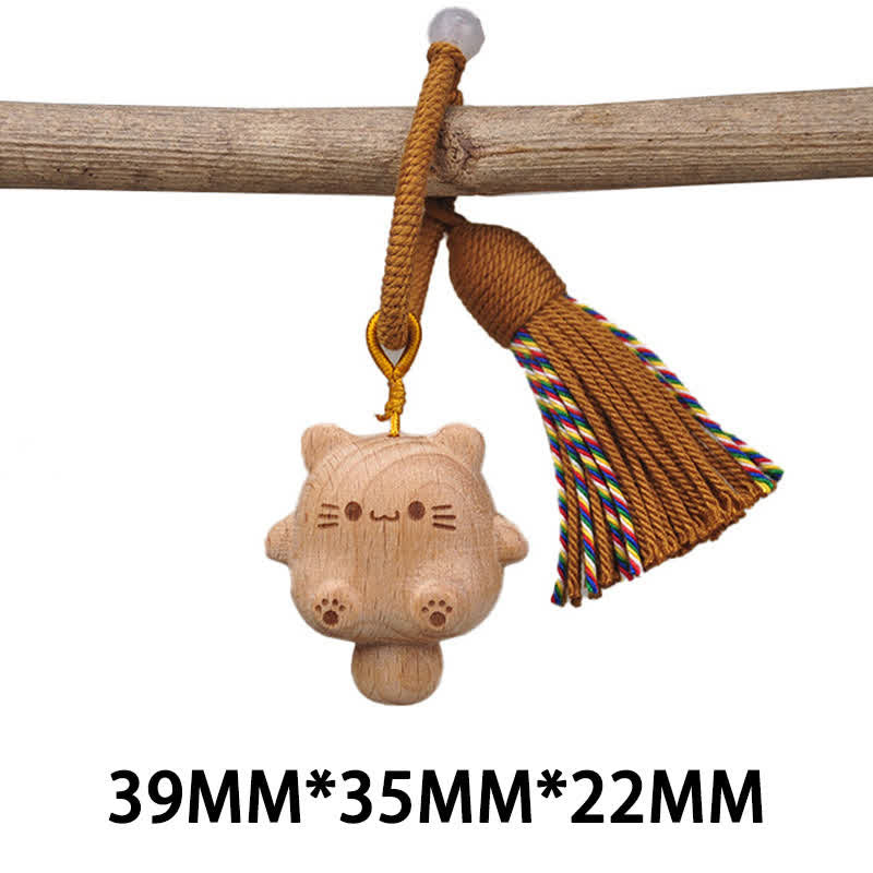 Buddha Stones 手彫りの天然木製招き猫タッセルバランスキーホルダー - 茶色 - image 4