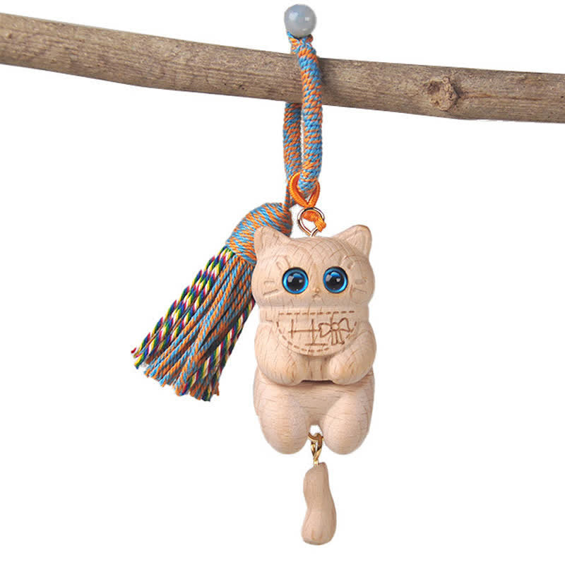 Buddha Stones 天然木彫刻の猫タッセル付きシンプルキーホルダー - image 3