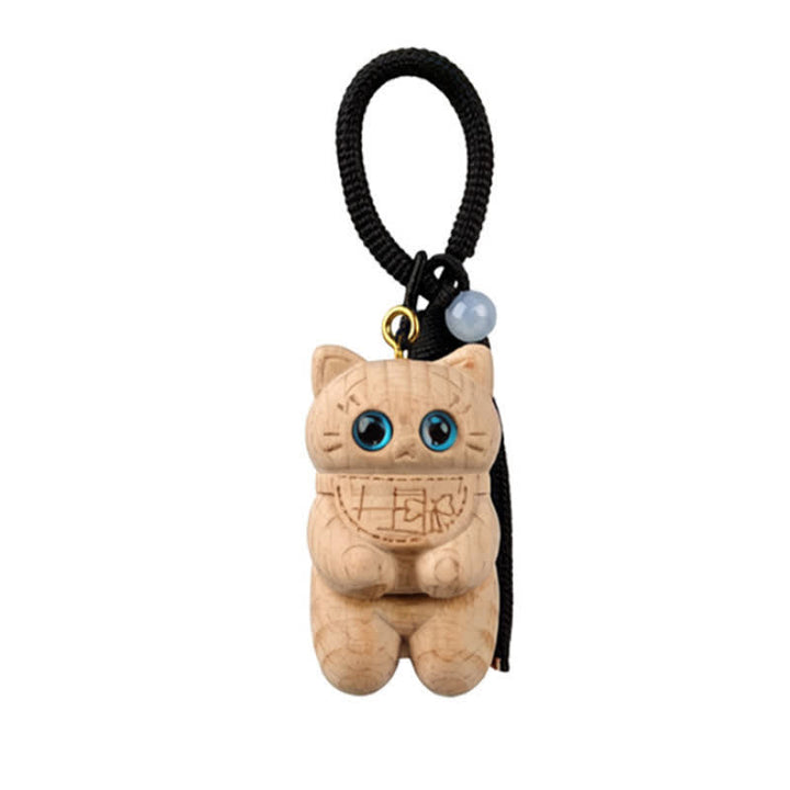 Buddha Stones 天然木彫刻の猫タッセル付きシンプルキーホルダー - 黒 - image 8