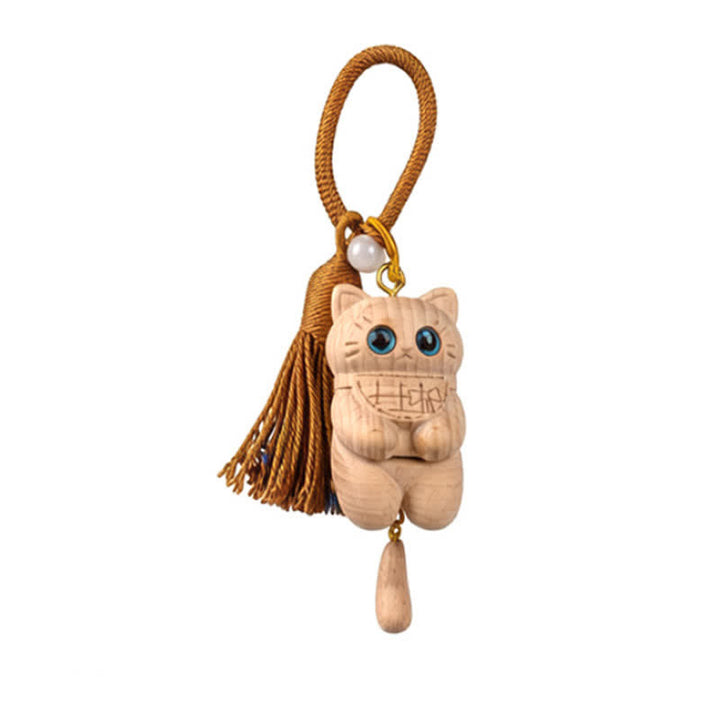 Buddha Stones 天然木彫刻の猫タッセル付きシンプルキーホルダー - 茶色 - image 4