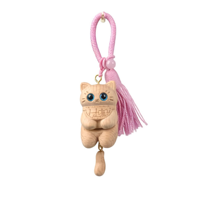 Buddha Stones 天然木彫刻の猫タッセル付きシンプルキーホルダー - ピンク - image 6