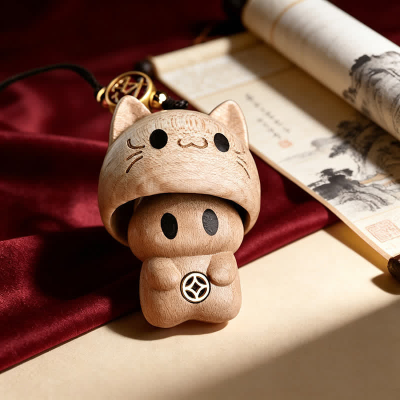 Buddha Stones 天然桃材彫刻のかわいい猫のバランスキーホルダー - 木材 - image 0