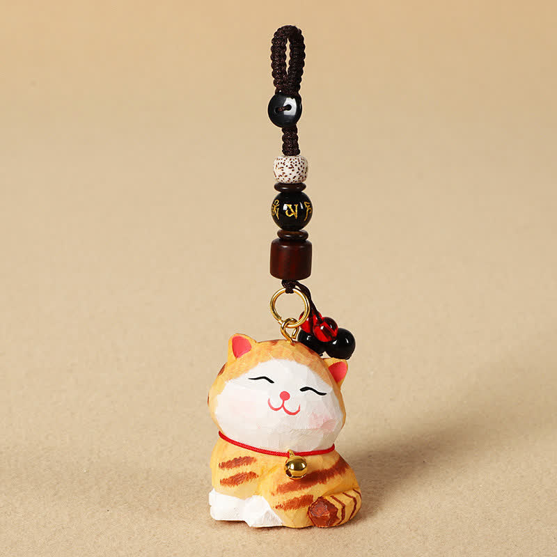 Buddha Stones 木彫りの猫オーム・マニ・パドメ・フムフォーカス キーホルダー - オーム・マニ・パドメ・フム・オレンジキャット - image 3