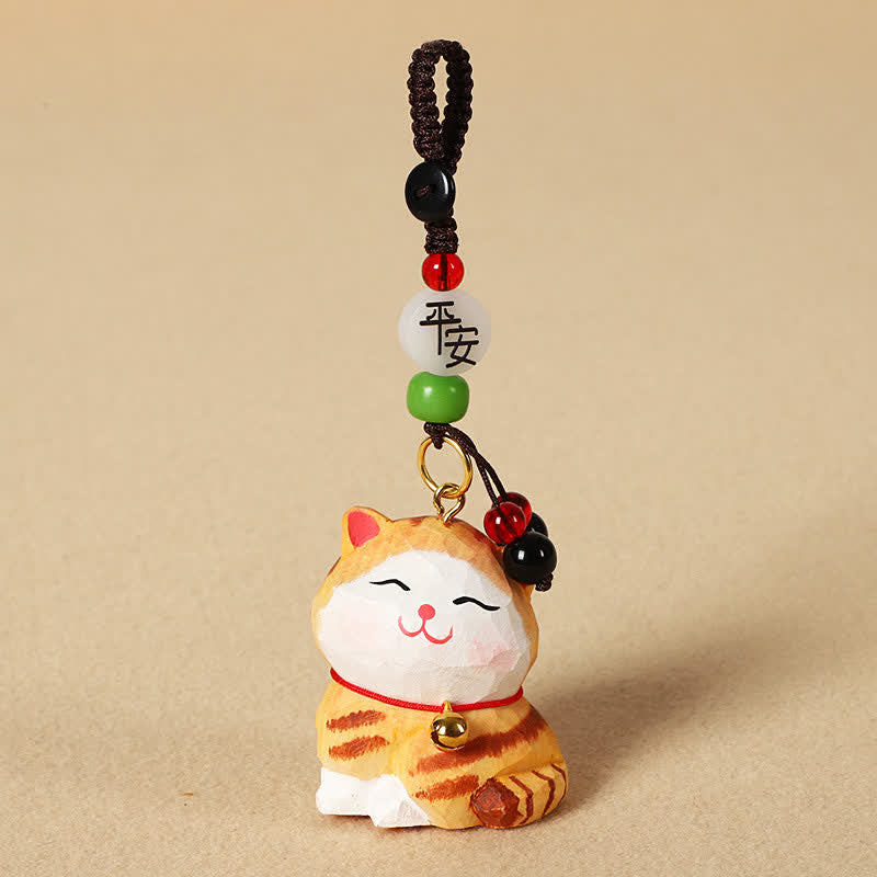 Buddha Stones 木彫りの猫オーム・マニ・パドメ・フムフォーカス キーホルダー - 平和なオレンジ色の猫 - image 2