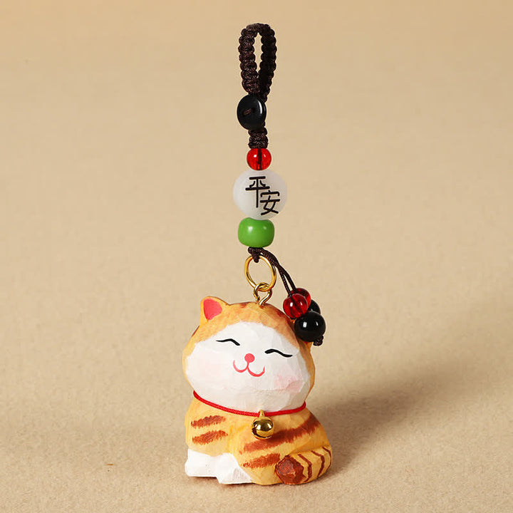 Buddha Stones 木彫りの猫オーム・マニ・パドメ・フムフォーカス キーホルダー - 平和なオレンジ色の猫 - image 2
