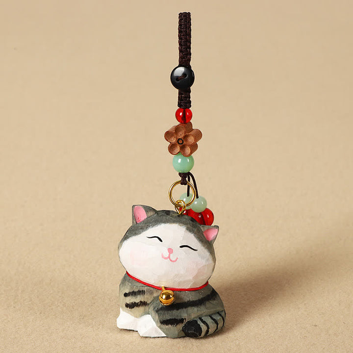 Buddha Stones 木彫りの猫オーム・マニ・パドメ・フムフォーカス キーホルダー - 縞模様の猫 - image 9