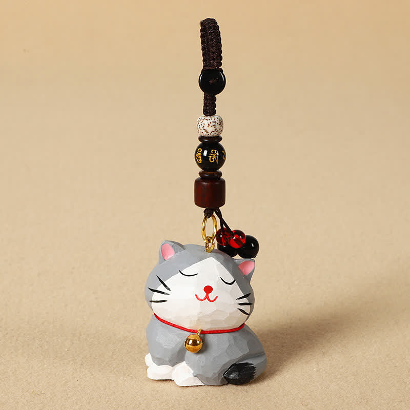 Buddha Stones 木彫りの猫オーム・マニ・パドメ・フムフォーカス キーホルダー - オーム・マニ・パドメ・フム・グレイ・キャット - image 14