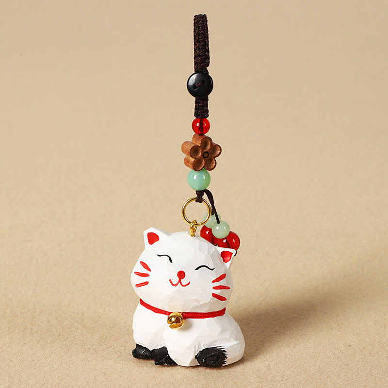 Buddha Stones 木彫りの猫オーム・マニ・パドメ・フムフォーカス キーホルダー - 白猫 - image 6