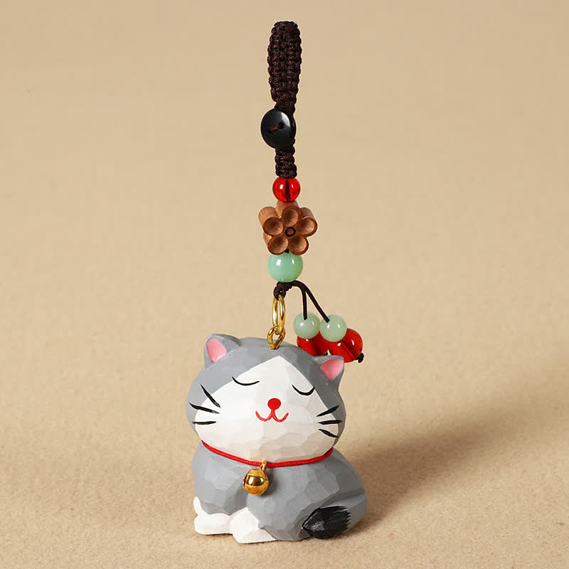 Buddha Stones 木彫りの猫オーム・マニ・パドメ・フムフォーカス キーホルダー - 灰色の猫 - image 12
