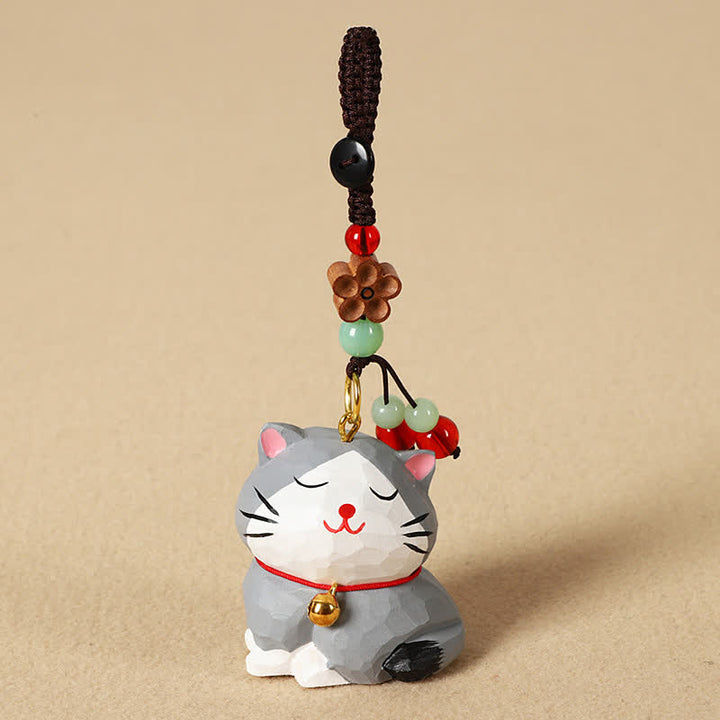 Buddha Stones 木彫りの猫オーム・マニ・パドメ・フムフォーカス キーホルダー - 灰色の猫 - image 12