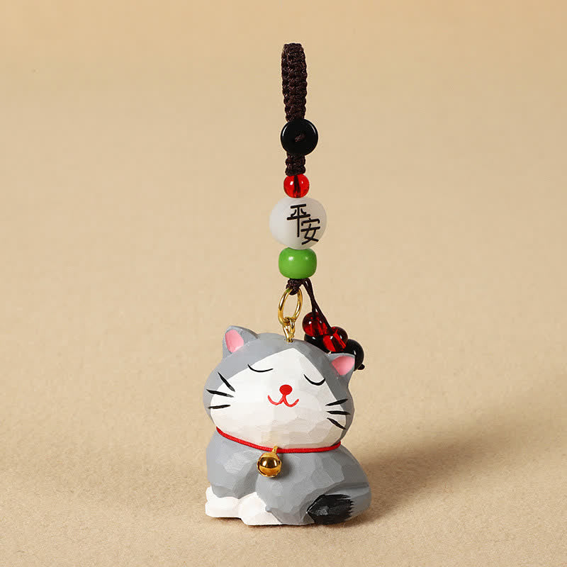 Buddha Stones 木彫りの猫オーム・マニ・パドメ・フムフォーカス キーホルダー - 穏やかな灰色の猫 - image 13