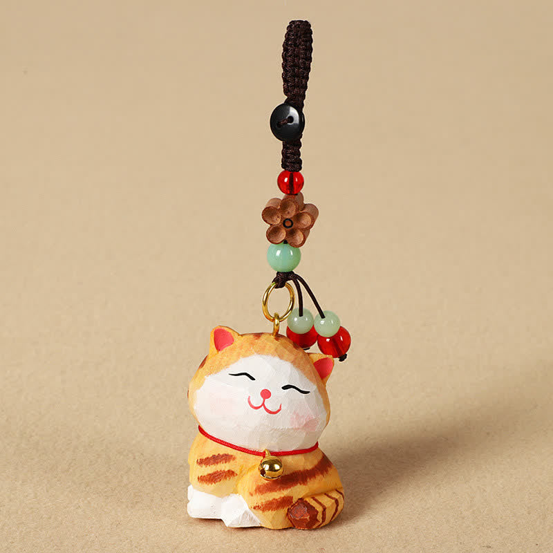 Buddha Stones 木彫りの猫オーム・マニ・パドメ・フムフォーカス キーホルダー - image 1