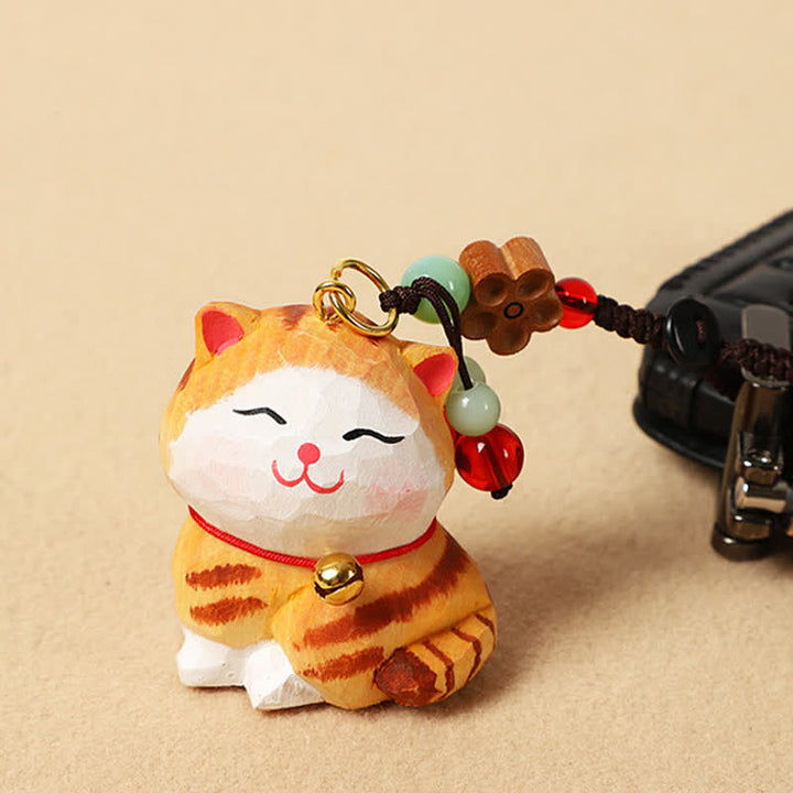 Buddha Stones 木彫りの猫オーム・マニ・パドメ・フムフォーカス キーホルダー - オレンジキャット - image 0