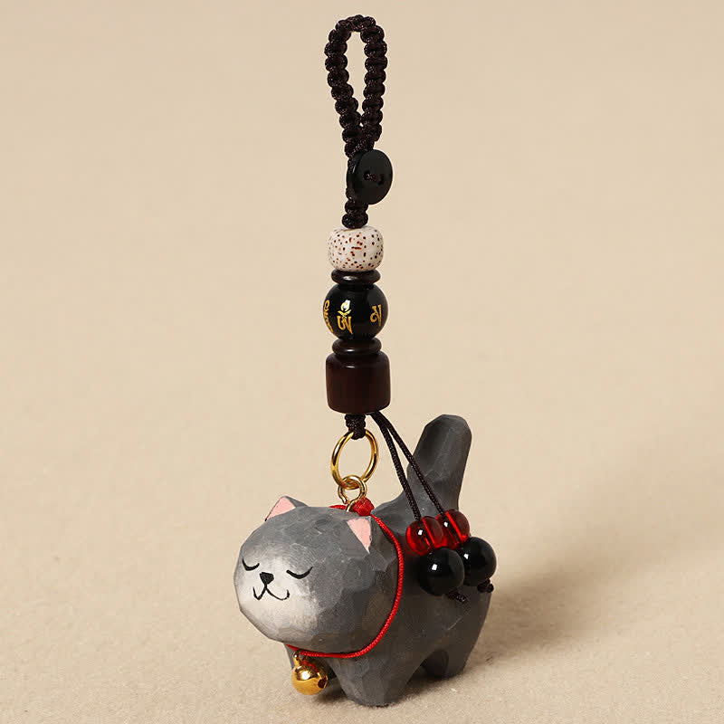Buddha Stones 木彫りの猫オーム・マニ・パドメ・フム平和キーホルダー - オーム・マニ・パドメ・フムダークグレーの猫 - image 13