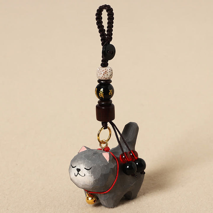 Buddha Stones 木彫りの猫オーム・マニ・パドメ・フム平和キーホルダー - オーム・マニ・パドメ・フムダークグレーの猫 - image 13