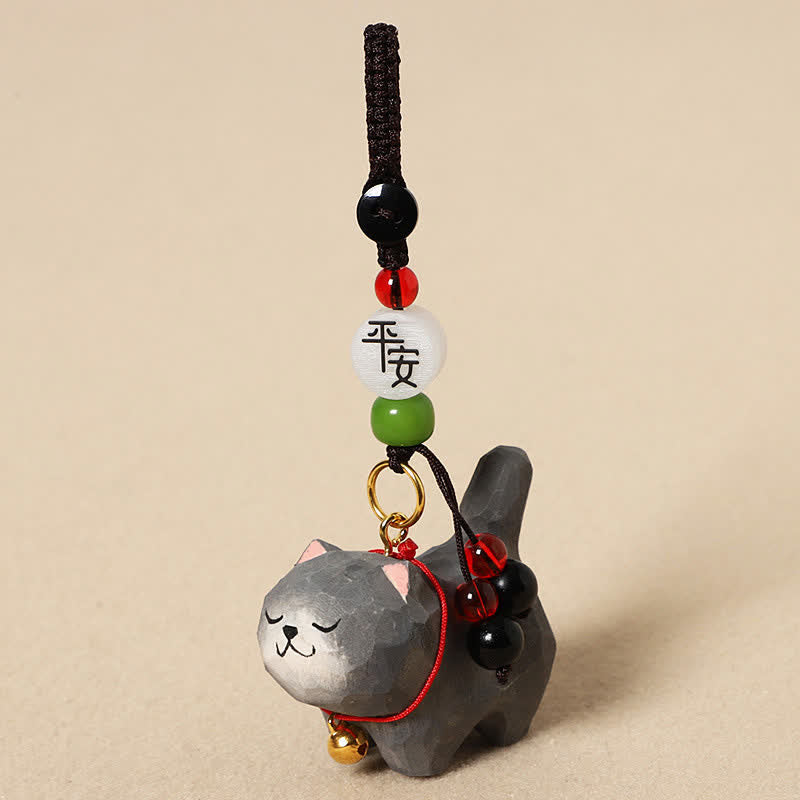 Buddha Stones 木彫りの猫オーム・マニ・パドメ・フム平和キーホルダー - 穏やかなダークグレーの猫 - image 12